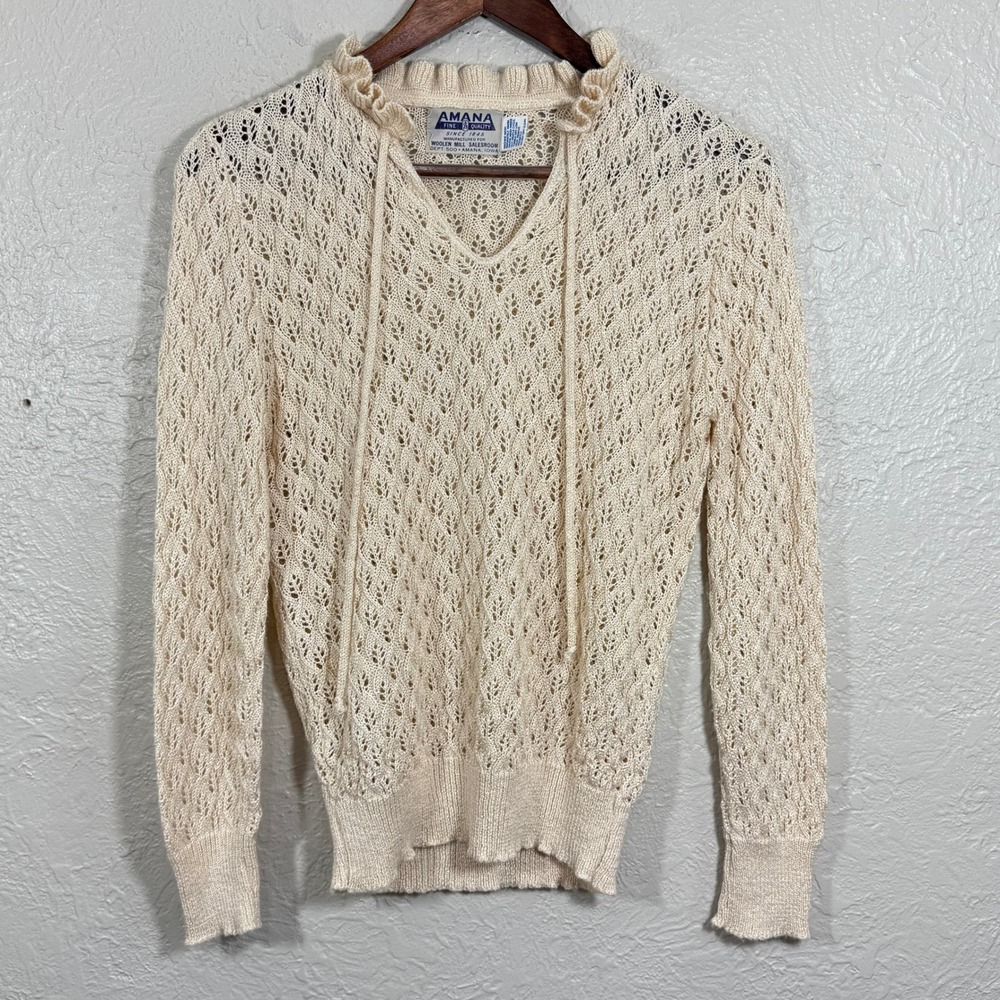 Vtg Amana Woolen Mills Sweater Small Open Knit Cottage Prairie Garden Granny 80s